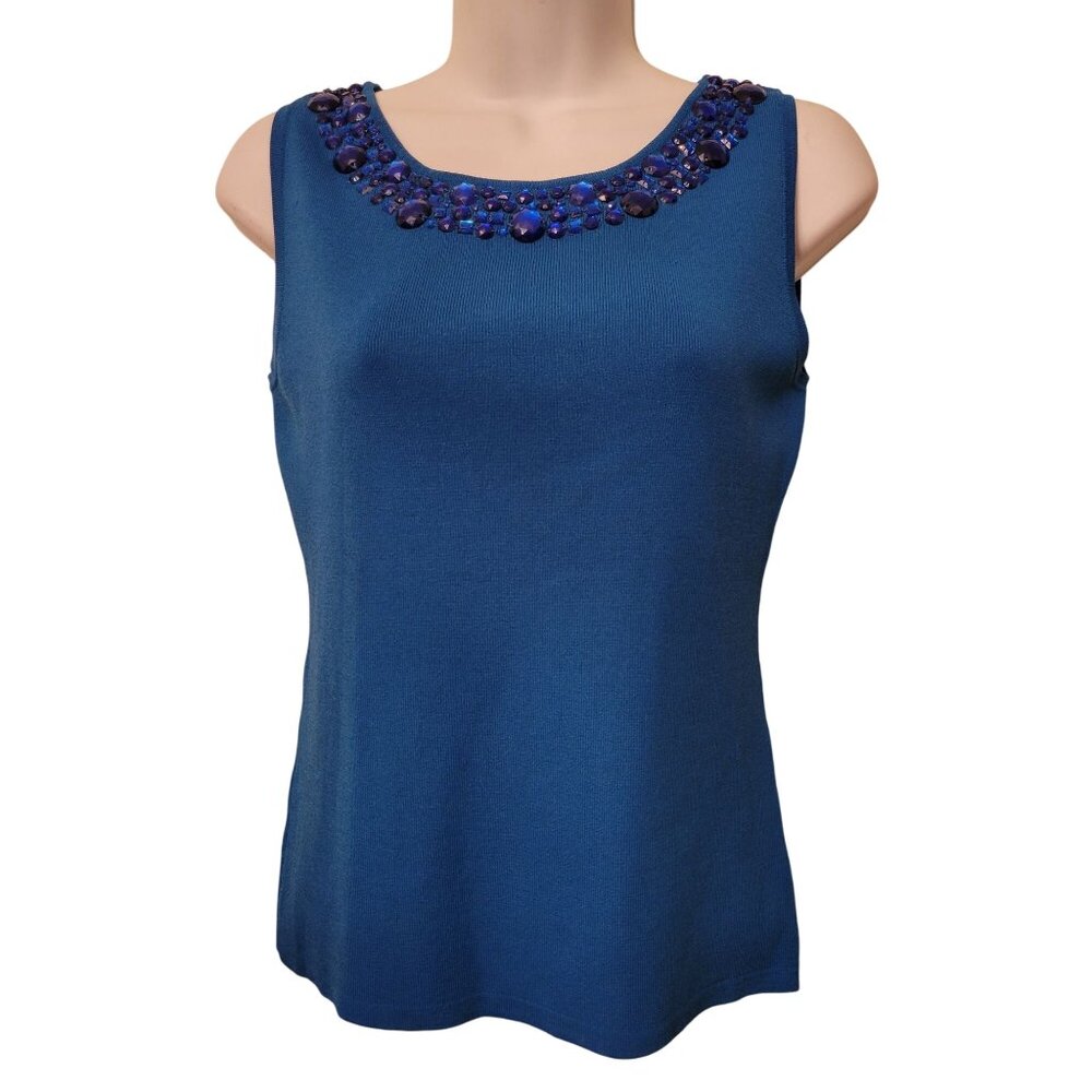 Joseph A Blue Sleeveless Beaded‎ Scoop Neck Tank Top M Knit Stretch